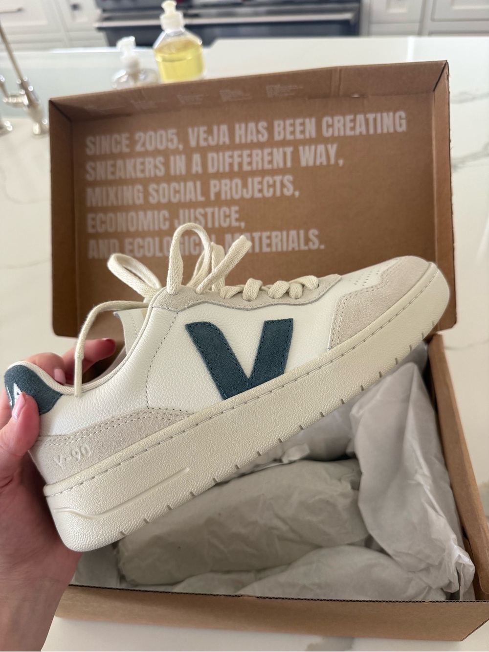 Veja V-10 Cream Leather Sneakers with Navy. Brand new still in box, never worn